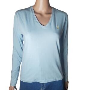 Ralph Lauren Sport V Neck Tee Womens M Light Blue Cotton Preppy Y2K Pony Logo